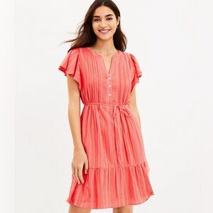 LOFT Coral Textured Stripe Flutter Button Swing Waist Tie Dress | Size Large